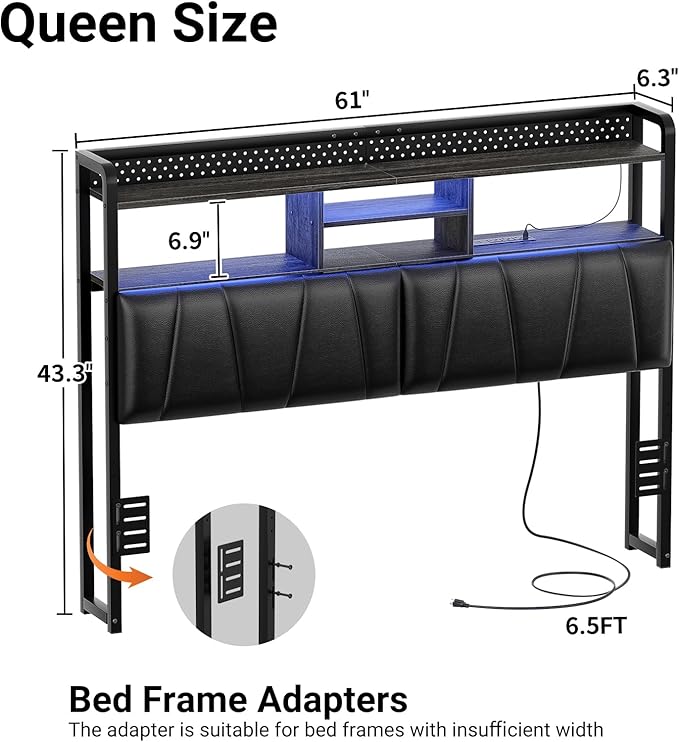 Unikito Headboard for Queen Size Bed Frame, Upholstered Head Board with Outlets, USB Ports and LED Light, Comfortable Leather Headboards with Storage Shelf, Sturdy Queen Bed Headboard Only, Black Oak