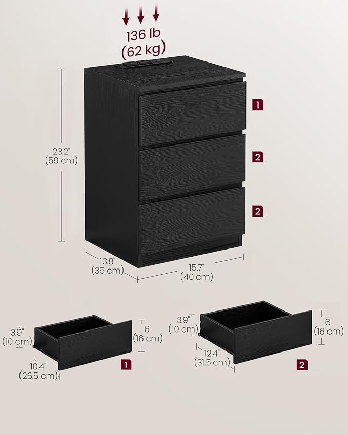 VASAGLE Nightstands with Charging Station, Set of 2, AC Outlets and USB Ports, Bedside Tables, Side Tables with 3 Drawers, Modern Style, 13.8 x 15.7 x 23.2 Inches, Ebony Black ULET731B58
