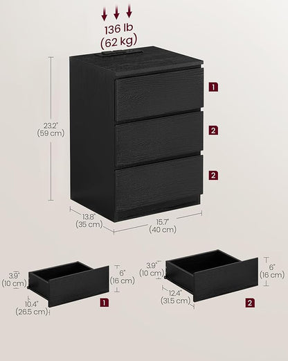 VASAGLE Nightstands with Charging Station, Set of 2, AC Outlets and USB Ports, Bedside Tables, Side Tables with 3 Drawers, Modern Style, 13.8 x 15.7 x 23.2 Inches, Ebony Black ULET731B58