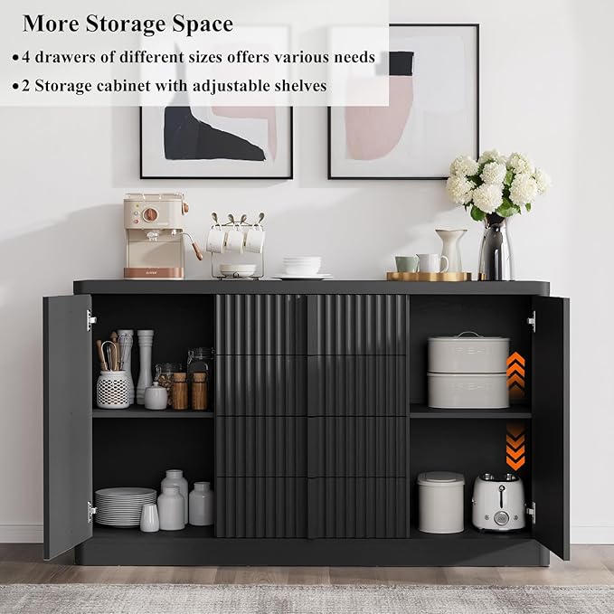 Buffet Cabinet with Storage, 120" Fluted Sideboard with 8 Drawers & 4 Door–Modern Accent Buffet Cabinet with Adjustable Shelves, Credenza Storage Cabinet for Kitchen, Dining, Living Room,Black(2PC)