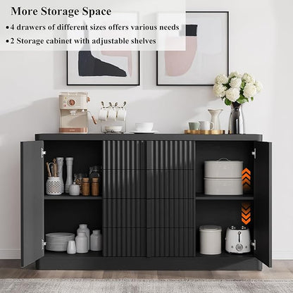 Buffet Cabinet with Storage, 120" Fluted Sideboard with 8 Drawers & 4 Door–Modern Accent Buffet Cabinet with Adjustable Shelves, Credenza Storage Cabinet for Kitchen, Dining, Living Room,Black(2PC)