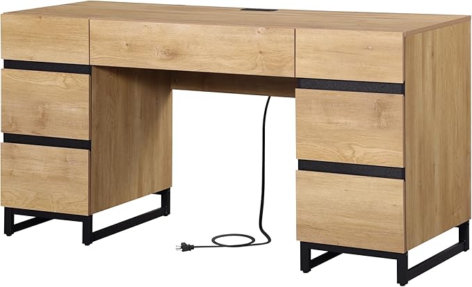 WAMPAT 59" Modern Executive Desk with Drawers, Wood Computer Writing Desk with Charging Station, Office Desk with File Drawer, Study Table for Bedroom, Living Room, Home Office, Oak