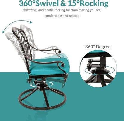 MEETWARM 9-Piece Outdoor Patio Dining Set, All-Weather Cast Aluminum Patio Conversation Set for Backyard Garden Deck with 8 Cushioned Swivel Rocker Chairs, 1 Oval Table, 2" Umbrella Hole, Ocean Blue