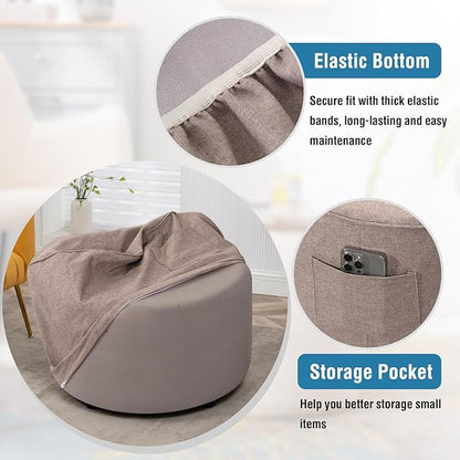 H.VERSAILTEX Ottoman Cover Round Thick Linen Look Ottoman Slipcover Round Ottoman Storage Cover Folding Stool Covers Furniture Protector Cover for Footrest Ottoman Fit Dia 36" - 38", Heather Taupe