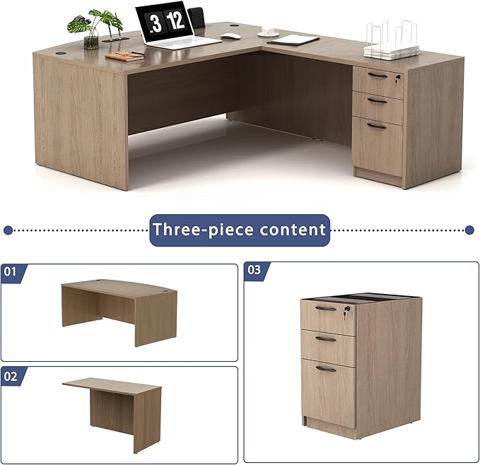 82.67" x 66.93" Bow Front L-Shaped Executive Desk with 3-Drawer File Cabinet (Lime)