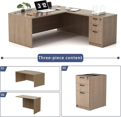 82.67" x 66.93" Bow Front L-Shaped Executive Desk with 3-Drawer File Cabinet (Lime)