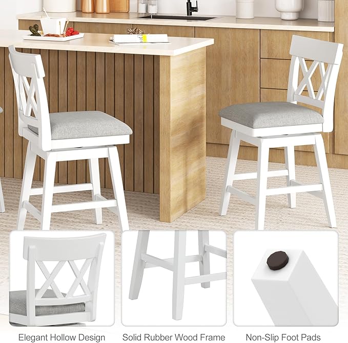 COSTWAY Bar Stool Set of 2 for Kitchen Island, 26" Counter Height Chair with Ergonomic Backrest, Foot Rest, Padded Seat & Solid Wood Structure, 360°Swivel Farmhouse Barstool with Back