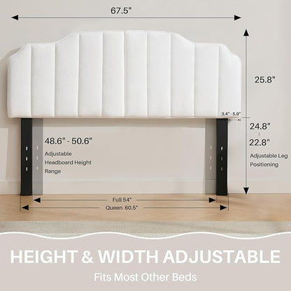 Queen Size Headboard White Upholstered Headboard Adjustable Height&Width Velvet Headboards Modern Vertical Channel Design Bed Head Board, White