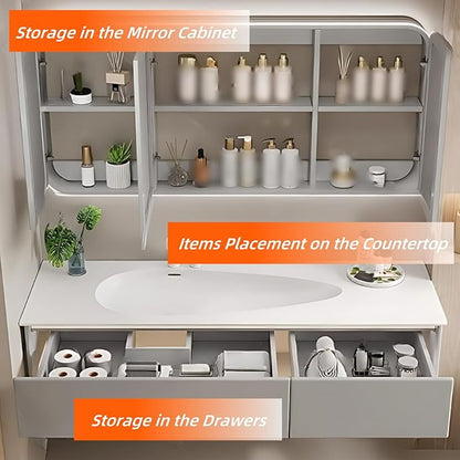 56IN Grey Bathroom Vanity Set - Floating Bathroom Vanity with Single Sink | Including LED Smart Defogging Mirror Cabinet & Time Display Function, Equipped with Motion Sensing Light Strip (Style B)