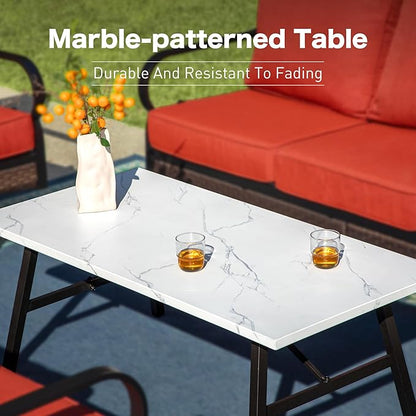 5 Piece Metal Outdoor Patio Furniture Set, Patio Conversation Set with 3-Seater Sofa, Loveseat, 2 Rocking Sofa (5.75" Thick Cushion) & Coffee Table Black Backyard Furniture, Rust Red