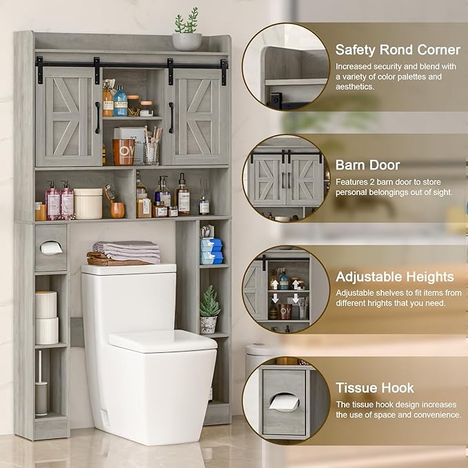 Farmhouse Storage Cabinet Over Toilet with Sliding Doors，Over The Toilet Storage Cabinet, Home Space-Saving Toilet Rack, for Bathroom, Restroom, Laundry