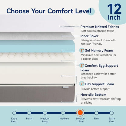 Amazon Basics Memory Foam Mattress, Medium Firm, 12 Inch, Full, White/Grey