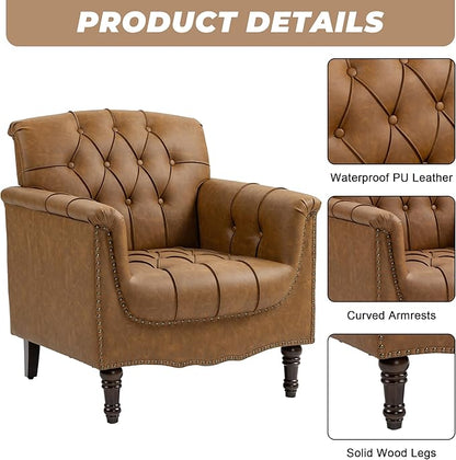 Lumibee Faux Leather Accent Chairs Set of 2, Contemporary Armchairs with Nailhead Trims & Wood Legs for Living Room, Upholstered Comfy Arm Chairs for Office,Bedroom-Camel