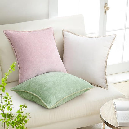 decorUhome Christmas Chenille Soft Throw Pillow Covers 24x24 Set of 2, Farmhouse Velvet Neutral Decorative Euro Pillow Covers with Stitched Edge for Couch Sofa Bed Home Decor, Sage Green