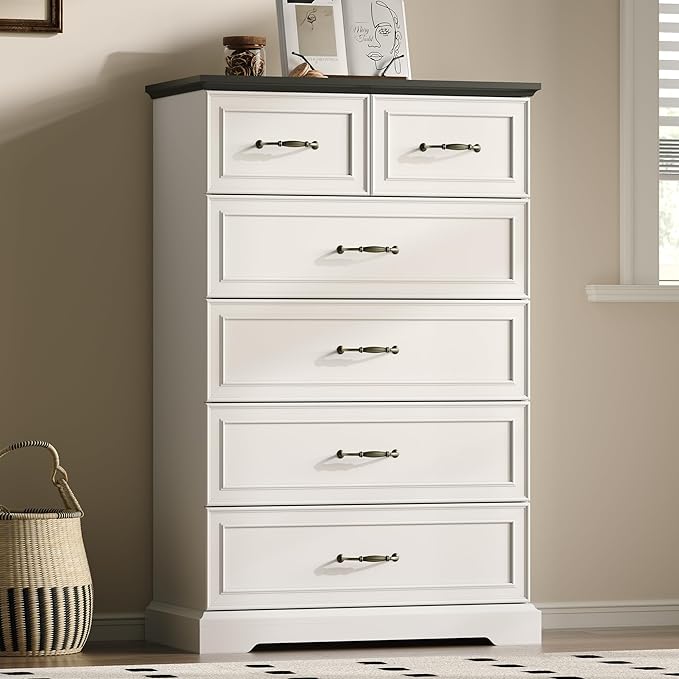 Farmhouse 6 Drawers Dresser for Bedroom, 49" Tall Modern Chest of Drawers with Deep Drawers & Bar Handles, Rustic Wood Dresser TV Stand, Wooden Closet Storage Organizer for Living Room, Hallway, White