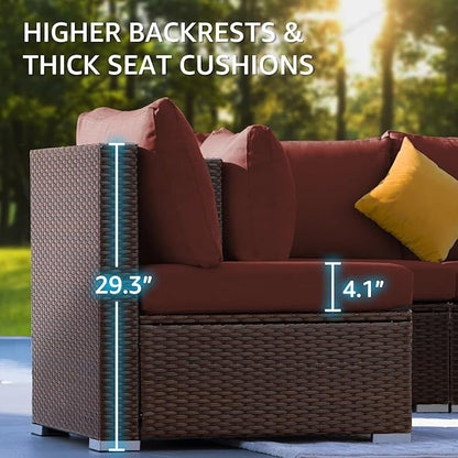 NICESOUL Modern 9 Pcs Patio Sectional Sofa Set with Fire Pit Natural Gas/Propane, Extra Large Outdoor Furniture Sets, 29.3'' High Back Deep Seats Conversations 8 Seater, Brown Rattan and Red Cushion