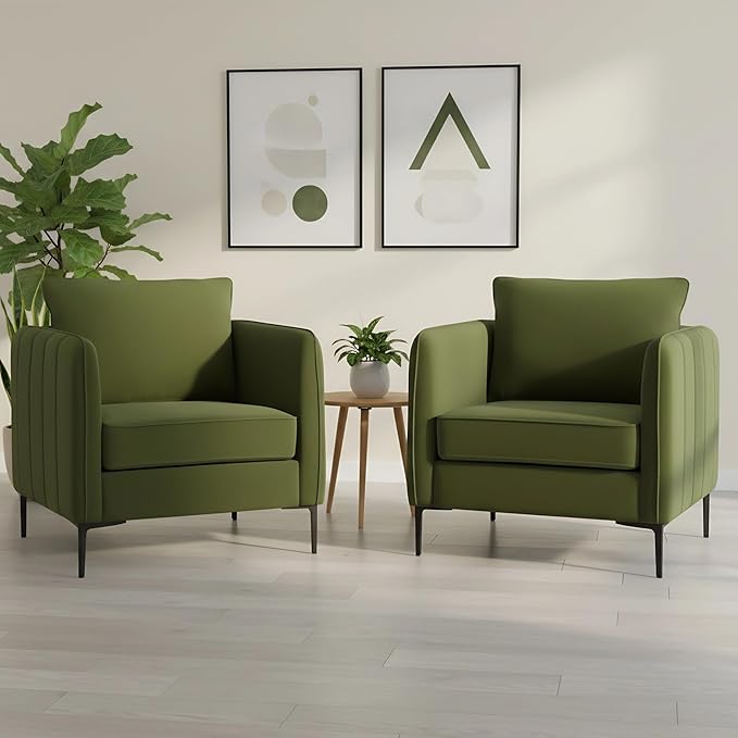 Velvet Accent Chairs Set of 2, Comfy Upholstered Single Sofa Chair Mid-Century Modern Armchair with Thick Cushion and Wood Frame Side Chair for Living Room Bedroom Apartment (Green)