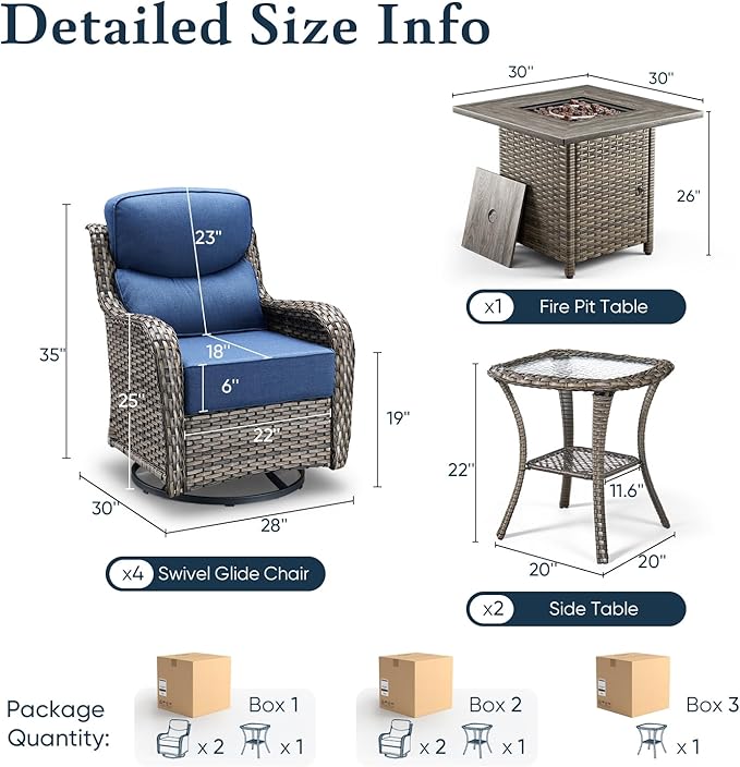Belord Luxury 6" Thick Cushioned Outdoor Swivel Rocker Chairs Set of 4 with Fire Pit Table, High Back Wicker Patio Furniture Set with Ergonomic Zone Back, Conversation Set for Deck Porch - Grey+Blue