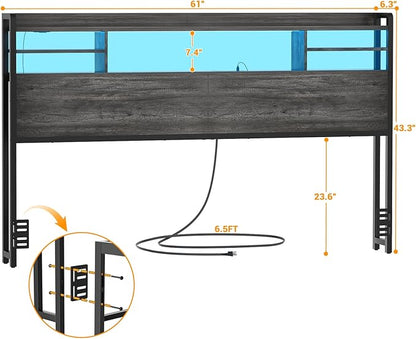 Aheaplus Headboard for Queen Size Bed with Storage, Headboards with LED Light, Power Outlets, USB Ports Queen Size Head Board, Wood headboard Only Sturdy and Stable Headboards, Modern, Black Oak