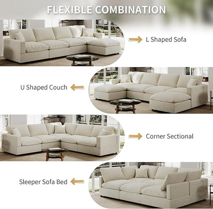 Modern Sectional Linen Cloud Couch for Living Room Loveseat Modular Filled-Down Sofas, Detachable Couch Cushion Covers,Cozy Feather Down Sofa for Apartment Beige