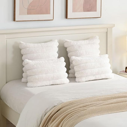FUTEI Cream White Decorative Throw Pillow Covers 24x24 Inch Set of 2, Square Soft Faux Rabbit Fur Thick Striped European Cushion Covers,Winter Home Decor for Couch Bed Living Room
