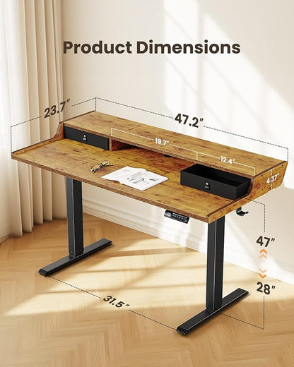 ErGear Electric Standing Desk with Drawers, 48″ x 24″ Gaming Table Compatible Monitor Stand, Stand up Desks, Home Office Height-Adjustable Desk with Storage Shelf, 4 Preset Heights, Vintage Brown