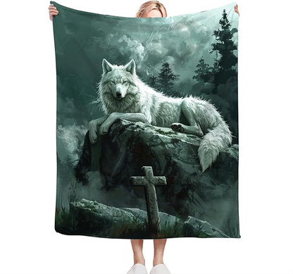 Wolf Christian Throw Blanket for Women Men Adults - Soft Warm Cozy Fleece for Couch Sofa Bed - Wolf Gifts and Decor - 60"x50"