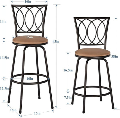 VECELO Adjustable Height Barstools 360 Degree Swivel Sturdy Steel Bistro Pub Chair/Comfortable Round Seat Cushions-Set of 2, Style B, Retro Brown