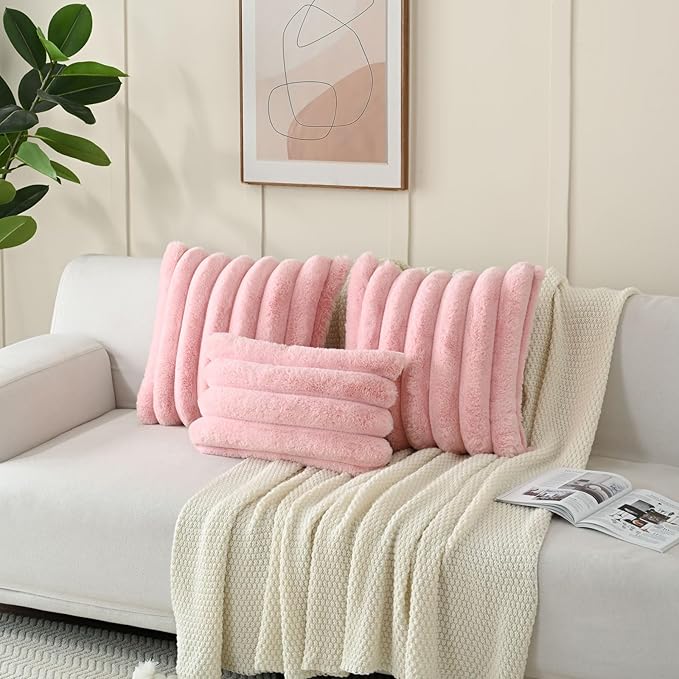 FUTEI Pink Decorative Throw Pillow Covers 24x24 Inch Set of 2, Square Soft Faux Rabbit Fur Thick Striped European Cushion Covers,Winter Home Decor for Couch Bed Living Room