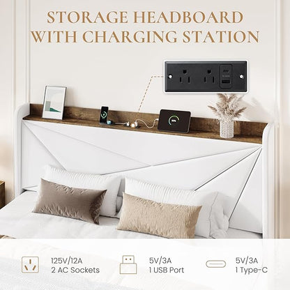SHA CERLIN King Size Bed Frame with 3 Drawers, USB & Type-C Charging Ports, Velvet Upholstered Platform Bed with Modern Geometric Wingback Storage Headboard, No Box Spring Needed, Easy Assembly, White