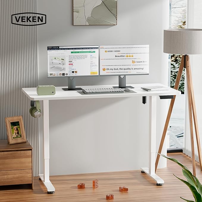 Veken 55 Inch Large Electric Standing Desk,Sit to Stand Up, Heights Adjustable, Work Home Office Computer Table for Study, Walking Pad, Writing, and Games, Wooden Desktop Desks, White