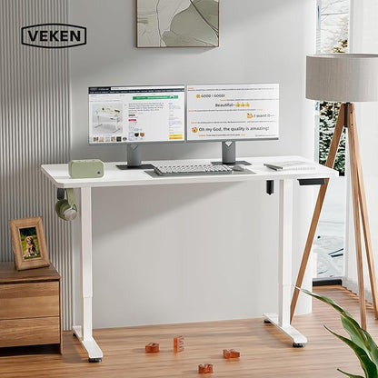 Veken 55 Inch Large Electric Standing Desk,Sit to Stand Up, Heights Adjustable, Work Home Office Computer Table for Study, Walking Pad, Writing, and Games, Wooden Desktop Desks, White