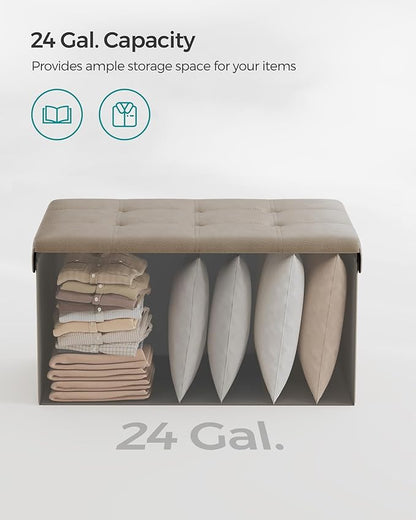 SONGMICS Mazie Collection - 30 Inches Folding Storage Ottoman Bench, Ottoman with Storage, Foot Rest Stool, Load 660 lb, for Living Room, Synthetic Leather, Camel Brown ULSF040R01