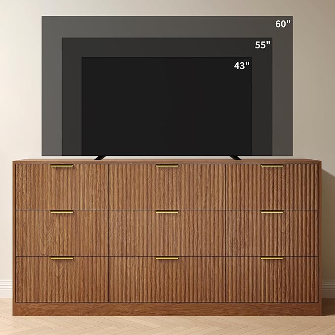 Fluted Dresser for Bedroom with 9 Drawer, 63” Wide Wooden Dresser Mid Century Chest of Drawers with Handle, Dressers TV Stand Storage Organizer for Bedroom, Living Room, Natural Wood