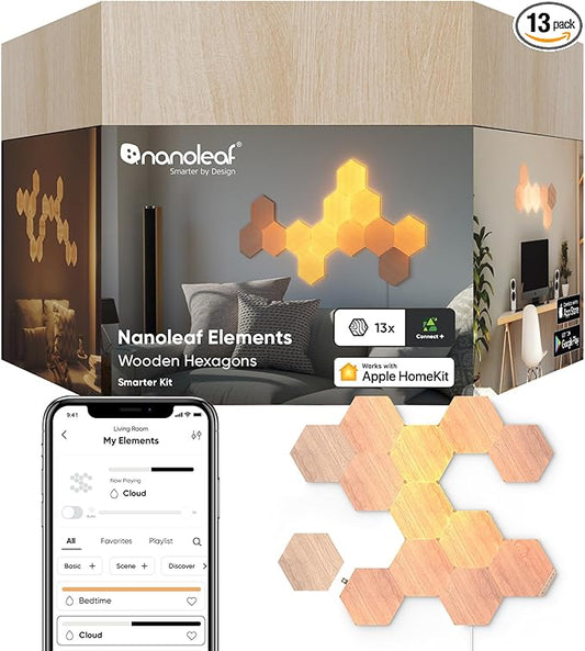 Nanoleaf Elements Wood Look Smart Wall Lights, Hexagon LED Wall Lights work with Alexa Google Assistant, Home Wall Decor for Living Room with Music Sync, Touch Control, Ambient White 1500-4000K, 13 PK