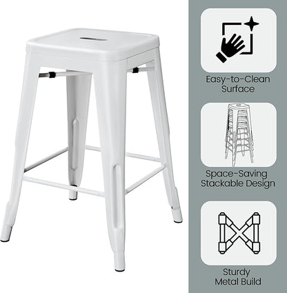 Yaheetech 24 Inch Metal Barstools Set of 4, Counter Height Backless Stools, Industrial Stackable Bar Chairs with Footrest for Kitchen/Dining Room/Bistro/Patio, White