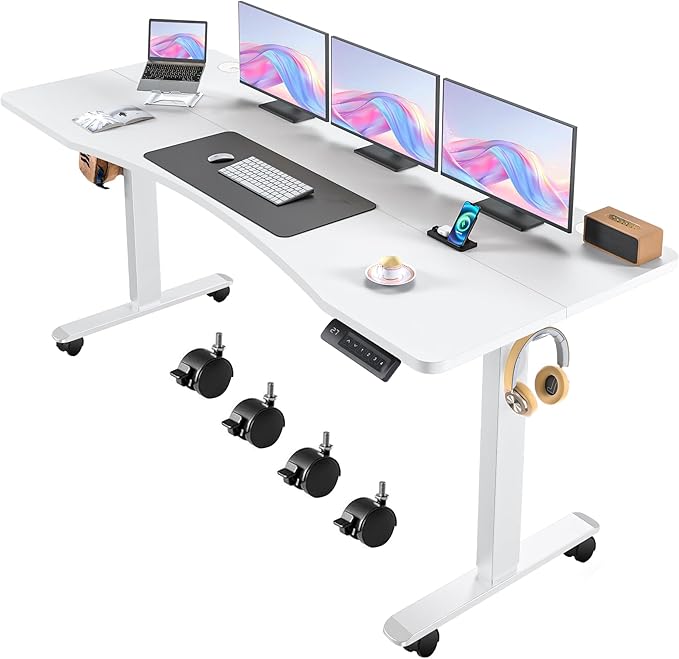 Electric Adjustable Standing Desk with Wheels, 63'' x 24''Sit Stand Desk with Dual Crossbeam and Mouse Pad, 27''-46'' Lifting Range Stand up Table with Ergonomic Arc Desktop (White Arc)