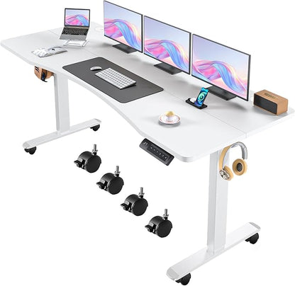 Electric Adjustable Standing Desk with Wheels, 63'' x 24''Sit Stand Desk with Dual Crossbeam and Mouse Pad, 27''-46'' Lifting Range Stand up Table with Ergonomic Arc Desktop (White Arc)