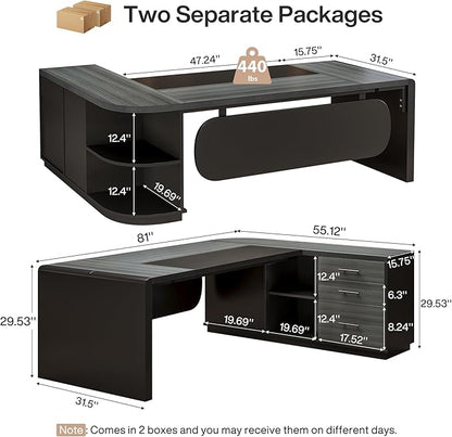 Tribesigns 81-Inch L-Shaped Executive Desk, Large Modern Office Desk with Drawers and File Cabinet for Home or Business Workspace, Grey & Black Computer Desk with Storage Shelves