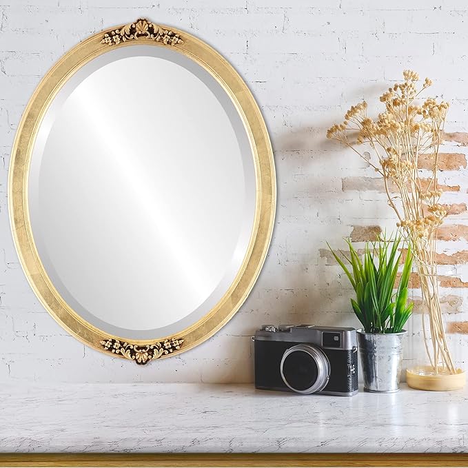 OVALCREST Oval Beveled Wall Mirror for Home Decor - Athena Style - Gold Leaf - 21" x 17" Outside Dimensions