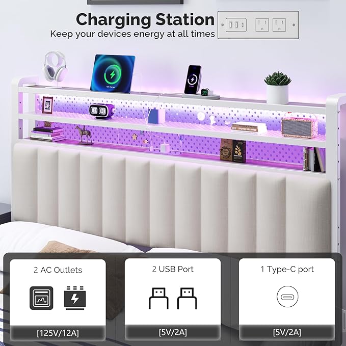 VINGLI King Size Headboard Only, Adjustable Upholstered Headboard with 3 Tier Shelves and Pegboard with Charging Stations and LED Lights, Modern Bed Headboard with Storage for Bedroom Decor