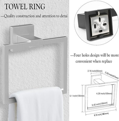 BOZWELL 5 Piece Brushed Nickel Stainless Steel Towel Bar Set, 23.6 inch Square Bathroom Hardware Accessories Set,Wall Mounted Towel Racks for Bathroom