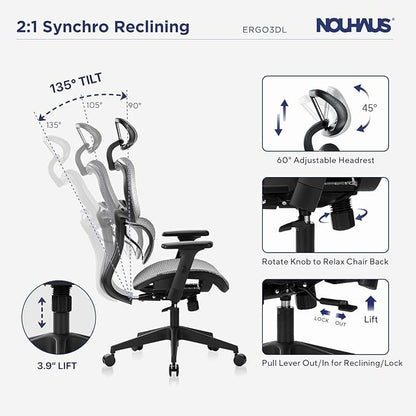 Nouhaus Ergo3dL Home Office Desk Computer Chairs Ergonomic Office Chair High-Back Mesh Rolling Work Chairs with Wheels and Adjustable Headrests Comfortable Lumbar Support Adjustable Armrests,Gray