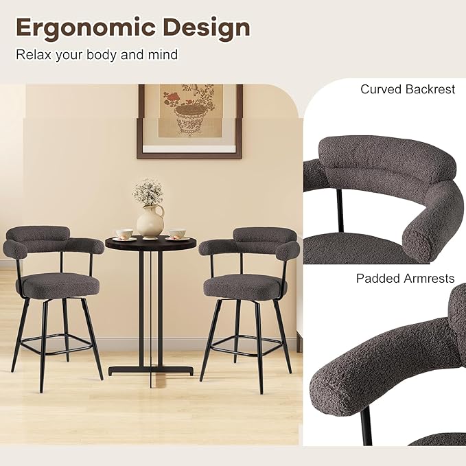 COSTWAY Counter Height Bar Stools Set of 4, 27" Swivel Modern Upholstered Counter Chairs with Boucle Fabric, Curved Backrests & Metal Legs, for Kitchen Island, Home, Pub (4, Grey + Black)