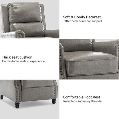 Lumibee Recliner Chair, Wingback Recliner Chair for Living Room, Modern Upholstered Faux Leather Pushback Armchair with Adjustable Backrest & Footrest for Small Spaces,Bedroom-Gray