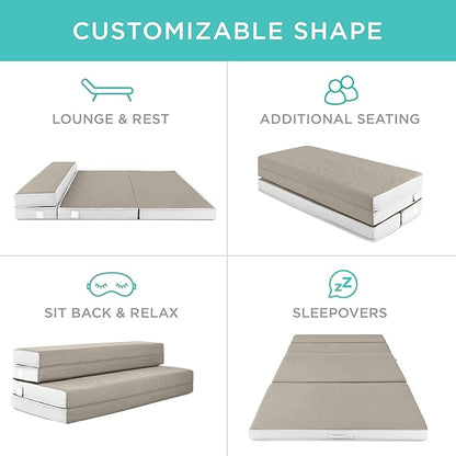 Best Choice Products 4in Portable Twin-Size Mattress, Tri-Fold Mattress for Camping, Guest, Toddler, Foam Plush w/Carry Case - Taupe