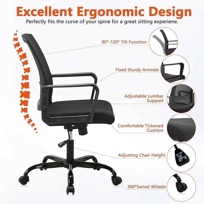 CLATINA Ergonomic Desk Chair, Mid Back Mesh Computer Chair with Lumbar Support and Armrest, Height Adjustable Swivel Chair for Home Office, Black (2PK)