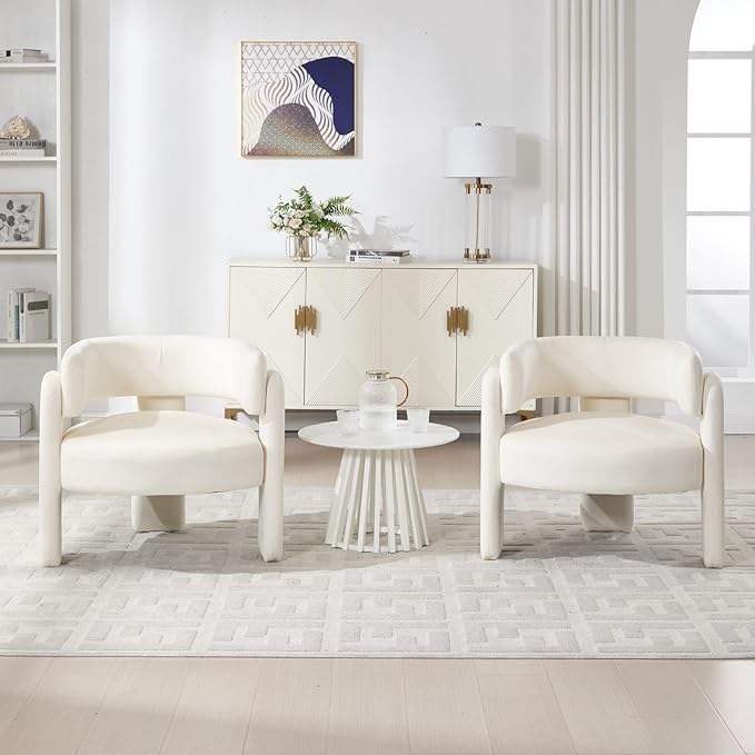 Set of 2 Accent Chairs with Arms, Upholstered Barrel Armchair with Curved Back, Comfy Single Side Chair for Reading, Living Room, Home Office, Beige
