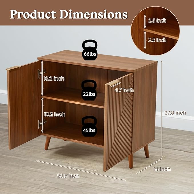 Fluted Brown Storage Cabinet with Doors, Wood Sideboard Buffet Cabinet with Adjustable Shelf, Modern Accent Table for Living Room, Entryway