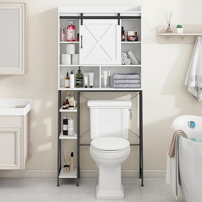 Over The Toilet Storage Cabinet, Farmhouse Storage Cabinet Over Toilet with Sliding Barn Door,Home Space-Saving Toilet Rack, for Bathroom, Restroom, Laundry.(White)